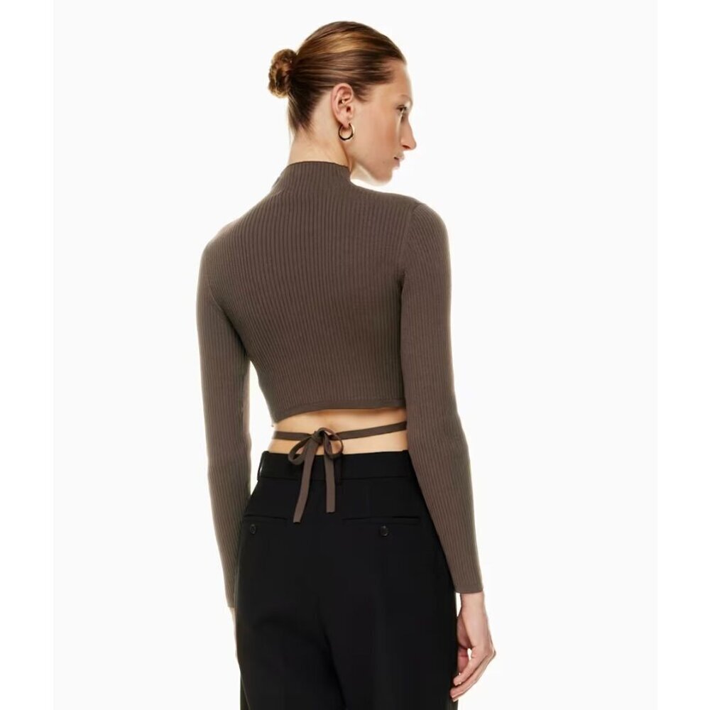 Aritzia Babaton Sculpt Knit Tie-back Longsleeve Mockneck Rich Mocha Brown XS